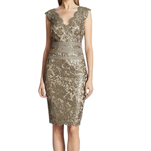 Tadashi Shoji Dresses & Skirts - Tadashi Shoji Metallic Embellished Lace Sheath Dress in Smoke Platinum – Size 4